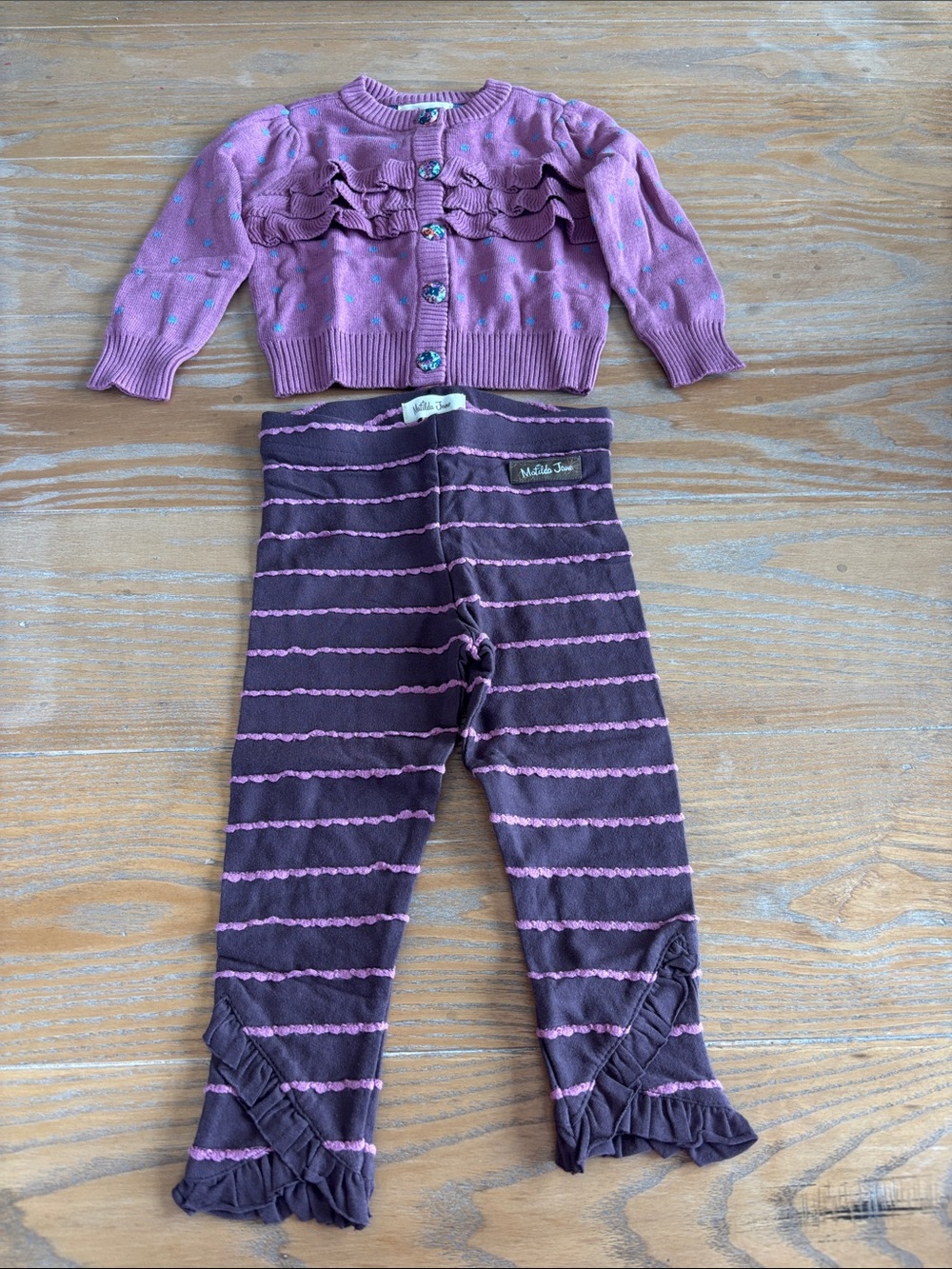 Matilda Jane Pink and Purple Ruffle Cardigan & Striped Leggings Set